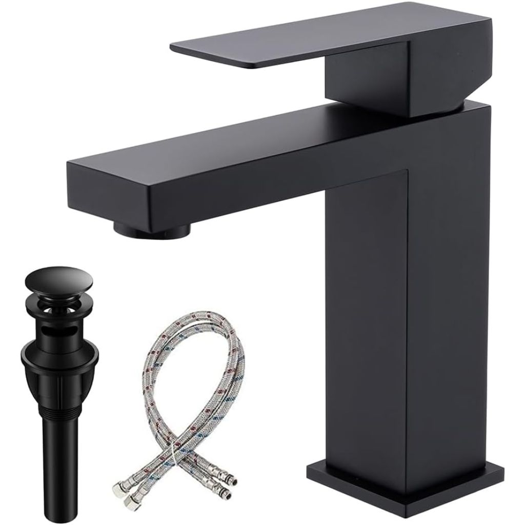 Matte Black Bathroom Faucet, Modern Single Handle Square with Pop Up Drain Assembly, Stainless Steel BF011B