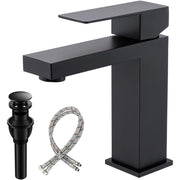 Matte Black Bathroom Faucet, Modern Single Handle Square with Pop Up Drain Assembly, Stainless Steel BF011B