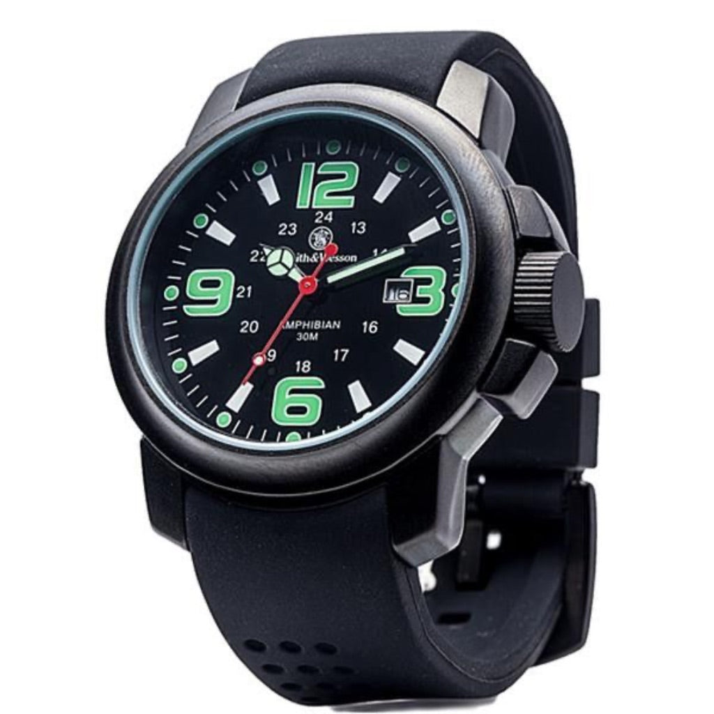 Smith & Wesson Men's Amphibian Commanda 46mm Watch, Black Dial, Black Titanium Case w/Rubber Strap (CC-SWW-1100)