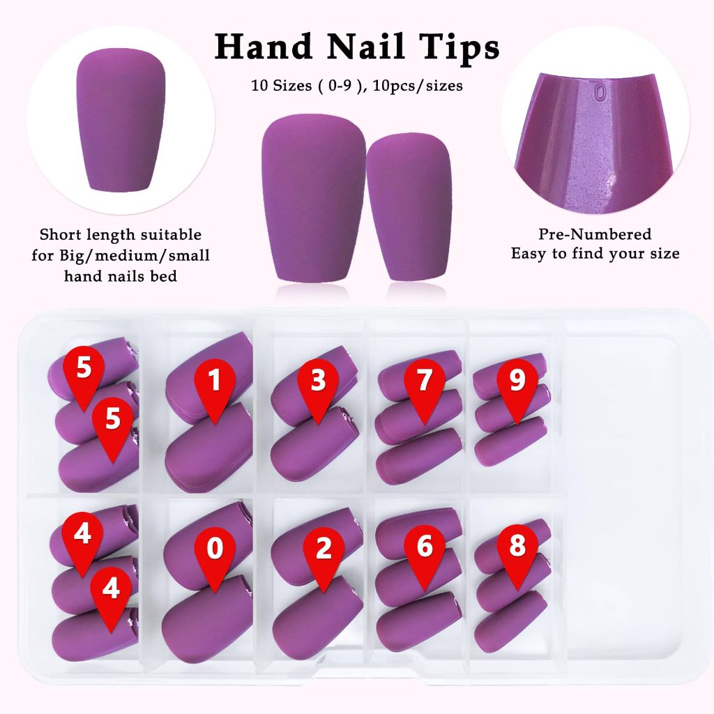 AddFavor 120pc Press on Nails Short/ Medium Coffin Matte Purple for Women and Girls