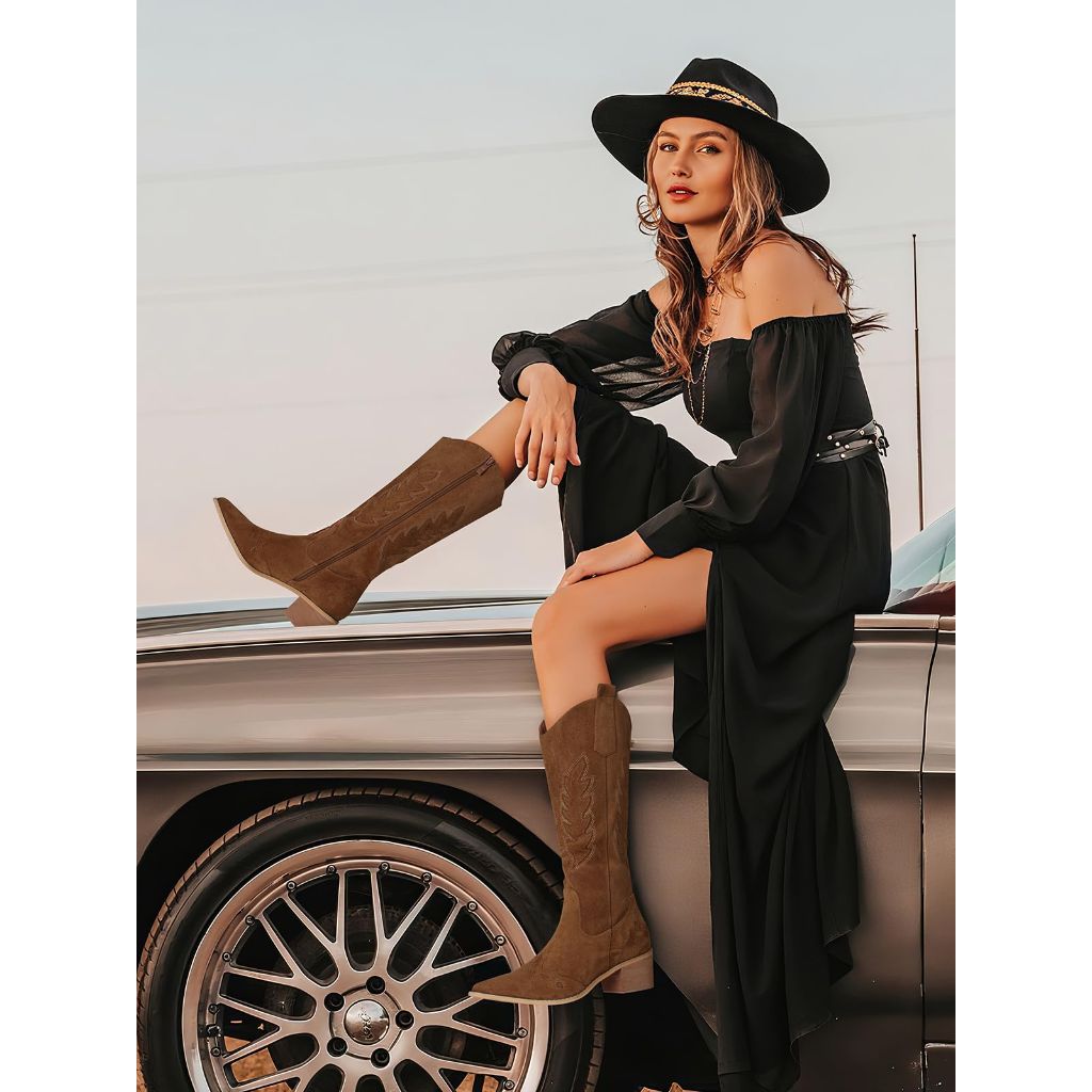 SHIBEVER Suede Knee High Cowboy Boots for Women, Zipper, Low Heel