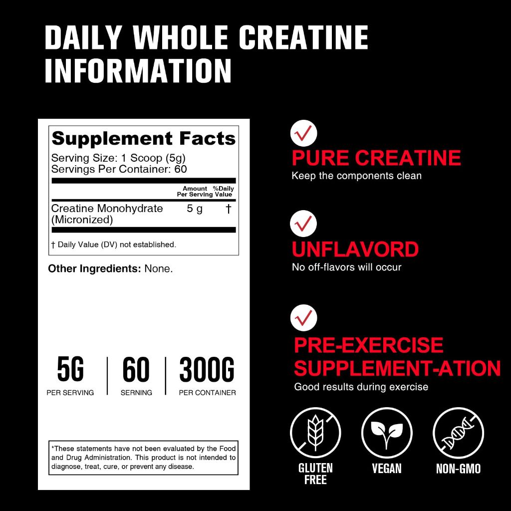 5000mg Creatine Monohydrate Micronized Powder, Pure Unflavored Micronized Creatine Monohydrate 300g (60 Servings)