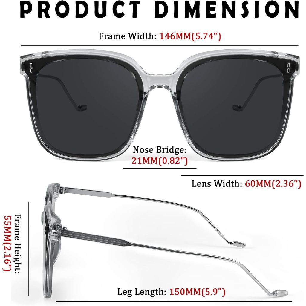Adult's Classic Oversized Square Sunglasses - Transparent/Metal Frame, Gray Lens (B2886)