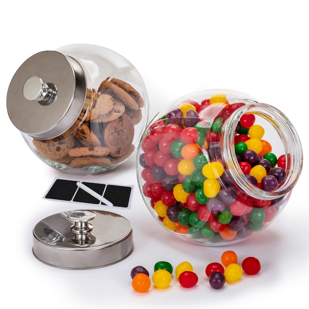 1 Gallon Large Glass Cookie Jars for Kitchen Counter + Marker & Labels - Food Storage Canisters with Airtight Lids, Coin & Penny Jar for Candy Buffet, Coffee, Laundry Detergent Holder, Set of 2.