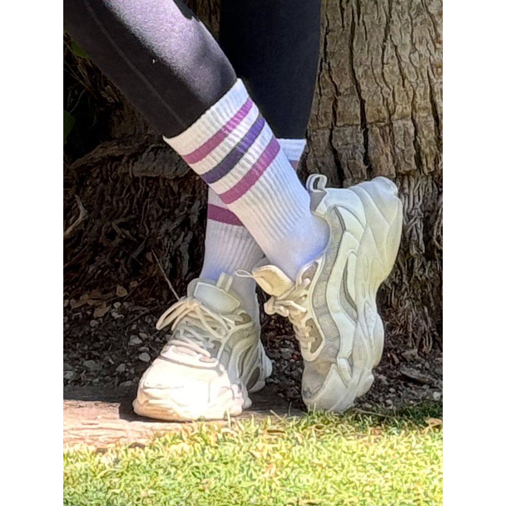 COTTON DAY Womens Soft Combed Cotton White Crew Socks Striped Top BBH Shoe Size 6-9