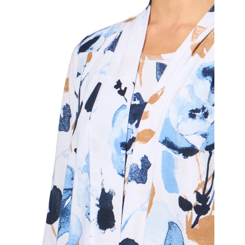 MULTIPLES Three Quarters Sleeves Open Front Jacket and Tank Two-Piece Set, Blue Print, XL