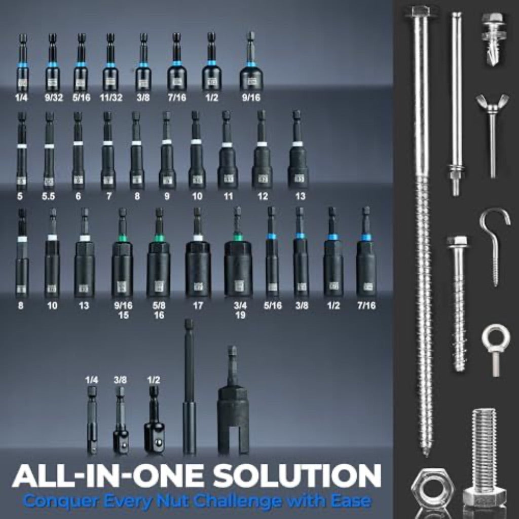 Toolant Magnetic 34 Piece Nut Driver, Impact Driver Bit, Deep Nut Driver, Impact Socket Adapters, Wing Nut Driver Set