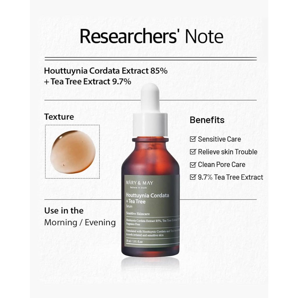 Mary&May Houttuynia Cordata + Tea Tree Serum - Effective Pore Clearing and Acne Treatment Face Serum - Fragrance Free, 1.01 fl.oz.