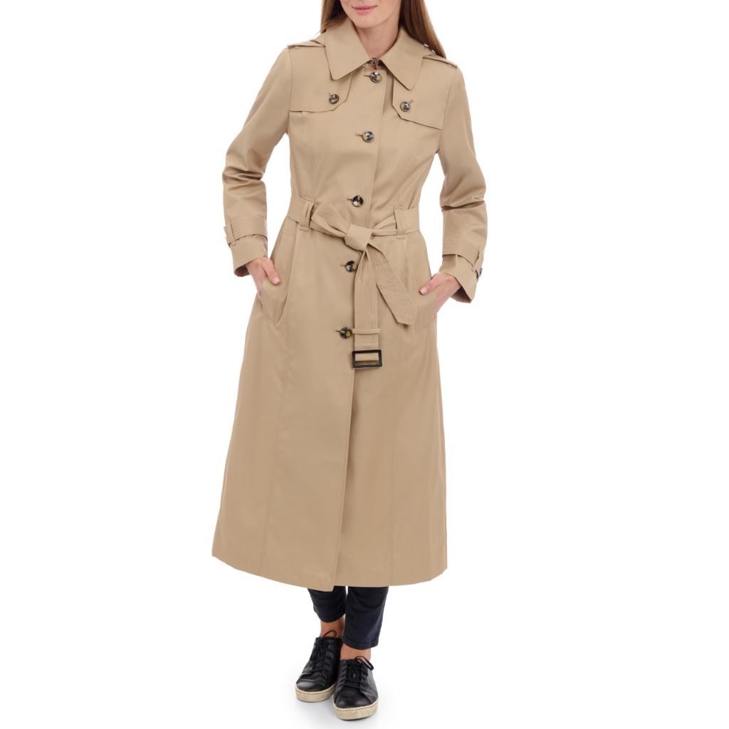London Fog Women's Single Breasted Long Trench Coat with Belt, British Khaki, S