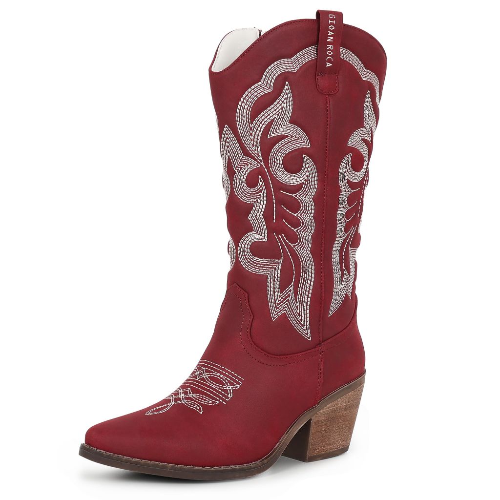 SZ 10, Gioanroca Women's Cowboy Boots Mid Calf Embroidered Stitched Cowgirl Boots | Red