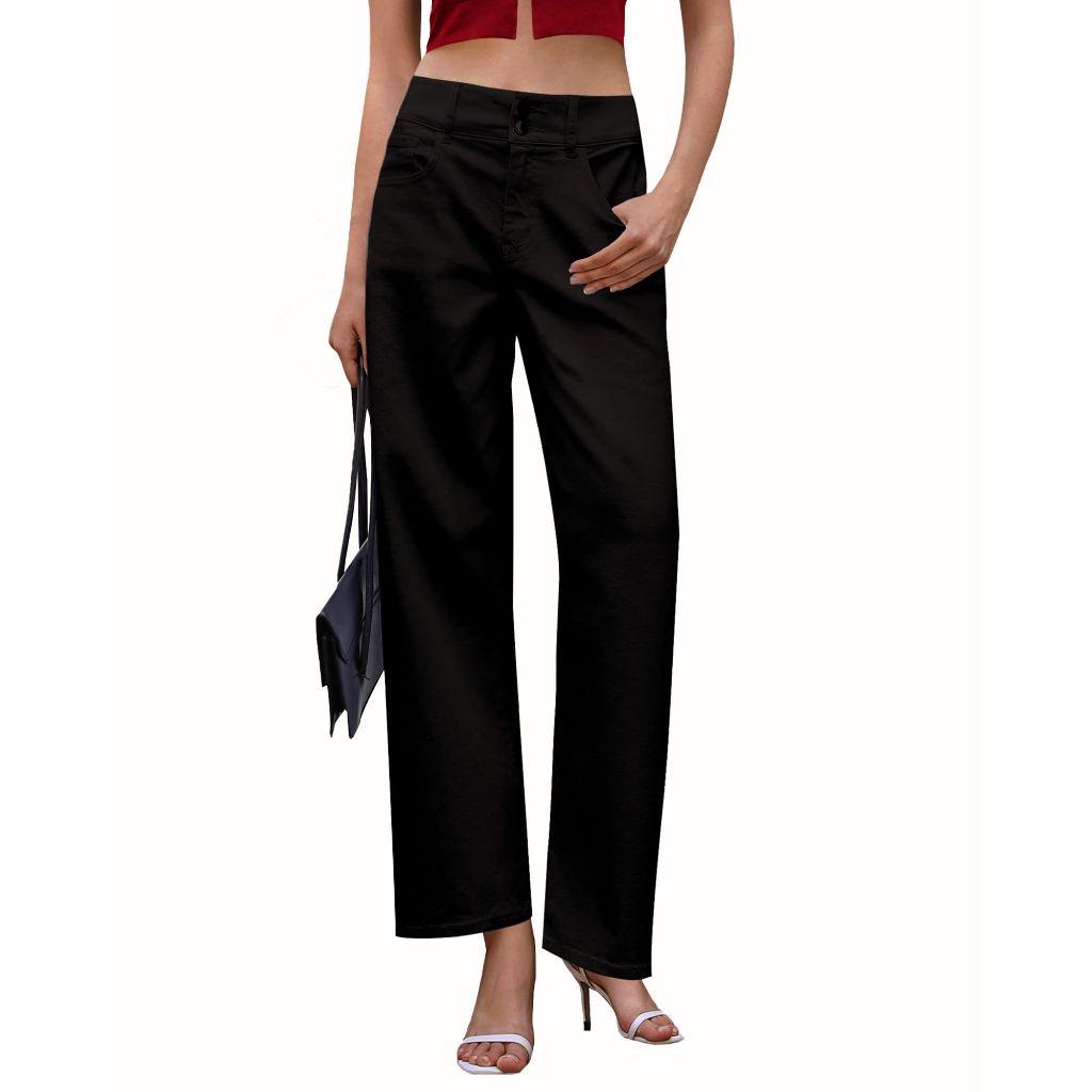 OFLUCK Women's Wide Leg Jeans Mid High Waisted Stretchy Baggy Jeans Straight Leg Loose Fit Denim Pants, Black, 14