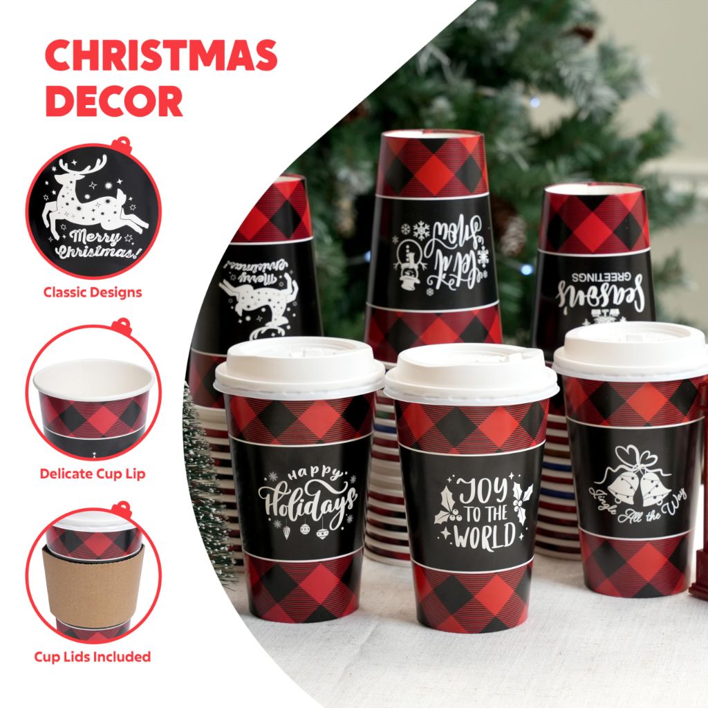 JOYIN 24 PCS Christmas Buffalo Plaid Paper Cups with Sleeves and Lids, 6 Designs 16 oz Xmas Drinkware Coffee Cups