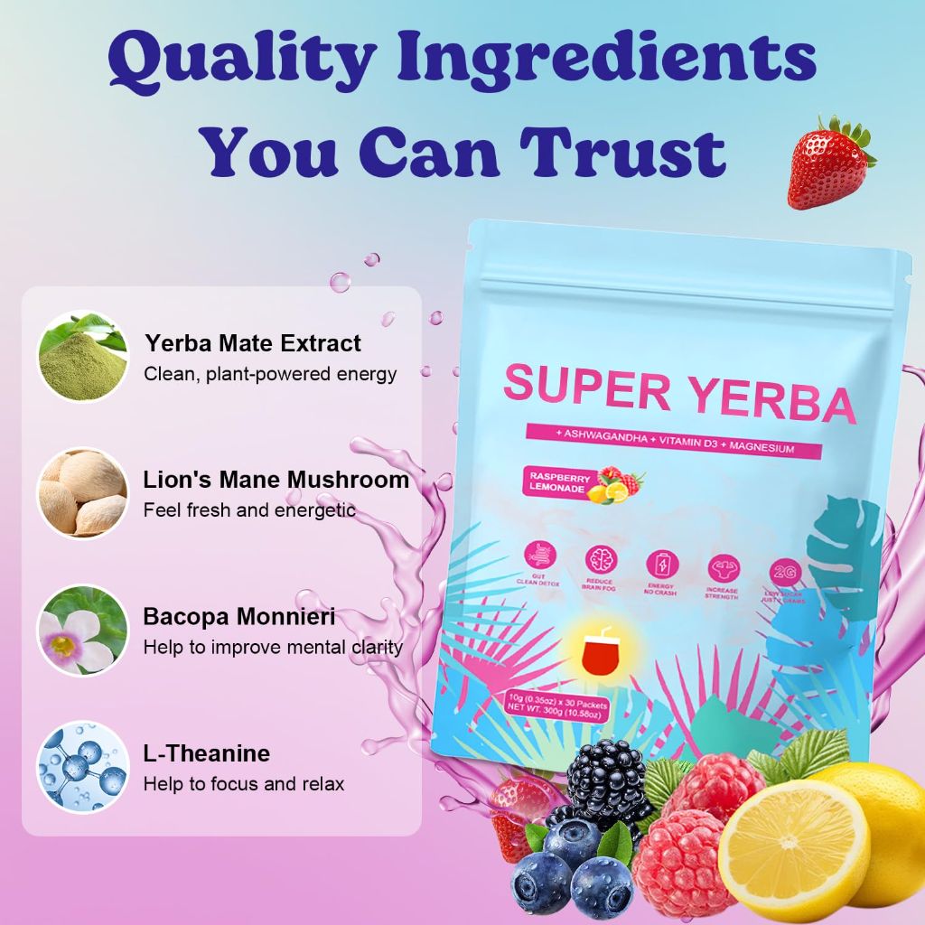Super Yerba Mate, Powder Raspberry Lemonade , 30 Servings, Pink