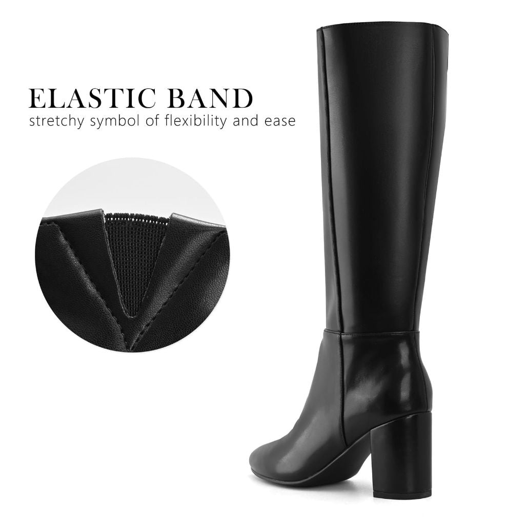Shoe'N Tale Knee High Boots for Women Chunky Block Heel Fall Winter Pointed Toe Boots(7,Black PU)