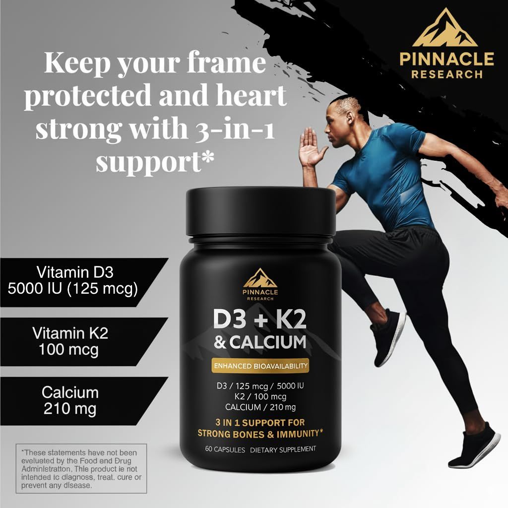 Pinnacle Research Vitamin D3 K2 Calcium - Bone Heart Muscle Support 5000 IU