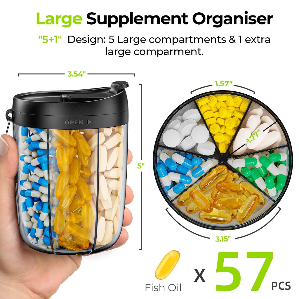 AUVON Large Pill Organizer, Pill Dispenser for Holding 6 Various Vitamins, Includes 20 Pcs Stick-on Labels