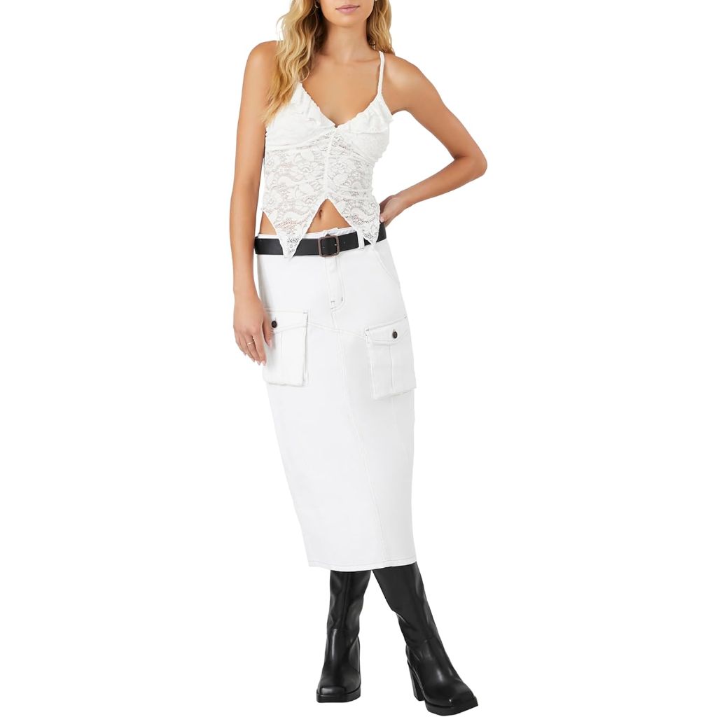 Forever 21 Women's Belted Twill Midi Skirt - White, Size XS