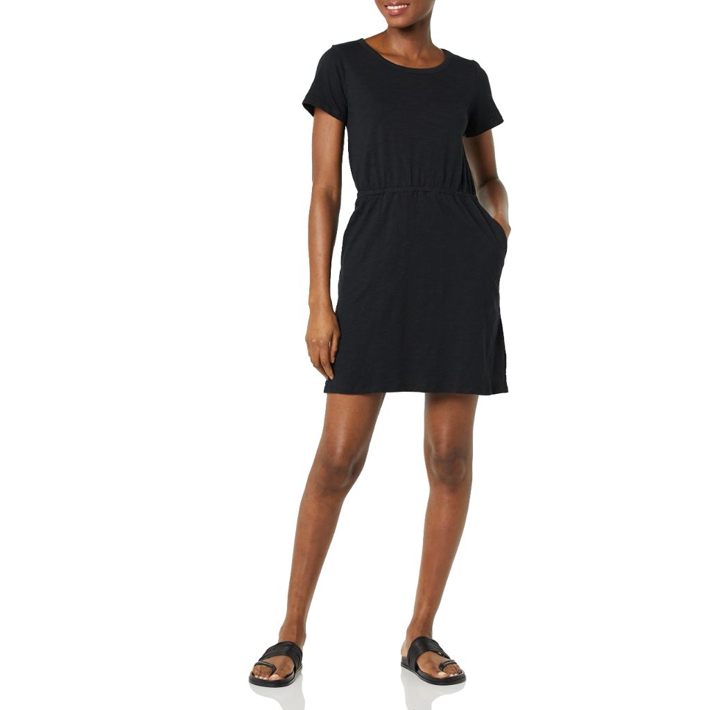 Amazon Essentials Women's Short Sleeve Elastic Waist Cotton Jersey Minidress, Black, Small