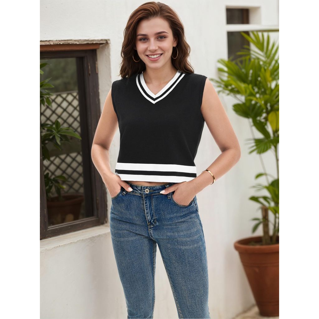 ONFERS Women's Cropped Sweater Vest V Neck Sleeveless Loose Fit Tank Tops, Large, Black White