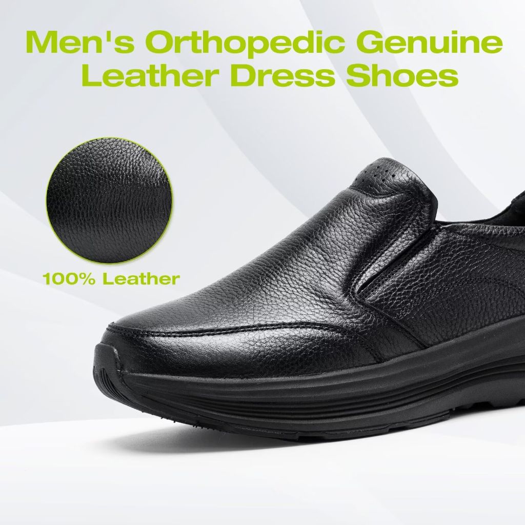Men's Orthopedic Leather Dress Walking Shoes: Lightweight Arch Support Slip-On Loafers for Plantar Fasciitis and Flat Feet, Cushion Thick Sole Oxford Shoes for Shopping, Hanging Out Black Size 8