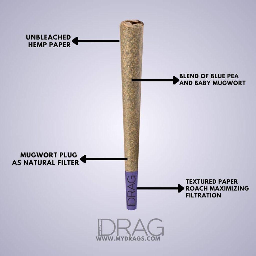 Drag Blue Pea, 10x2 Smooth and Subtle Herbal smokes (1 1/4 size), Blend of Baby Mugwort Leaves, Himalayan Sage and Blue Pea Petals, Nicotine Free, Tobacco Free, Relieve stress and Enhance your mood