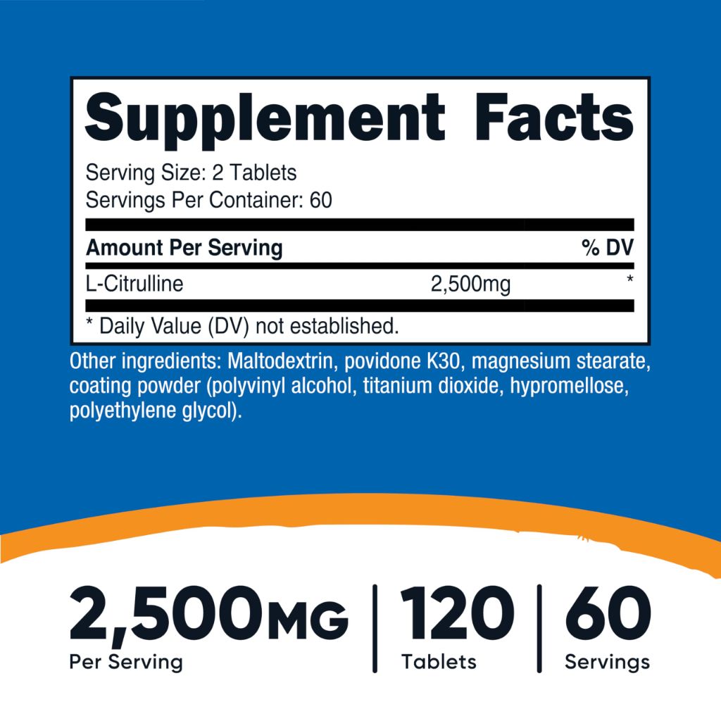 Nutricost L-Citrulline 2500mg Per Serving, 60 Servings, 1250mg Per Tablet, 120 Tabs - Non-GMO and Gluten Free Supplement