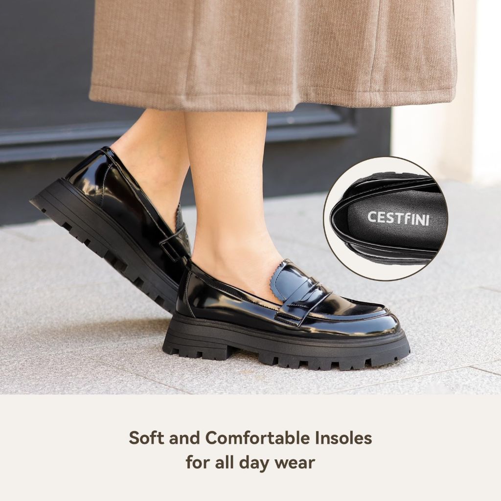 Chunky Loafers Women Platform Shoes for Women Chunky Heel Lug Sole Loafers Penny Shoes Slip ons Round Toe LF04W-184-RT-BLACK-8.5