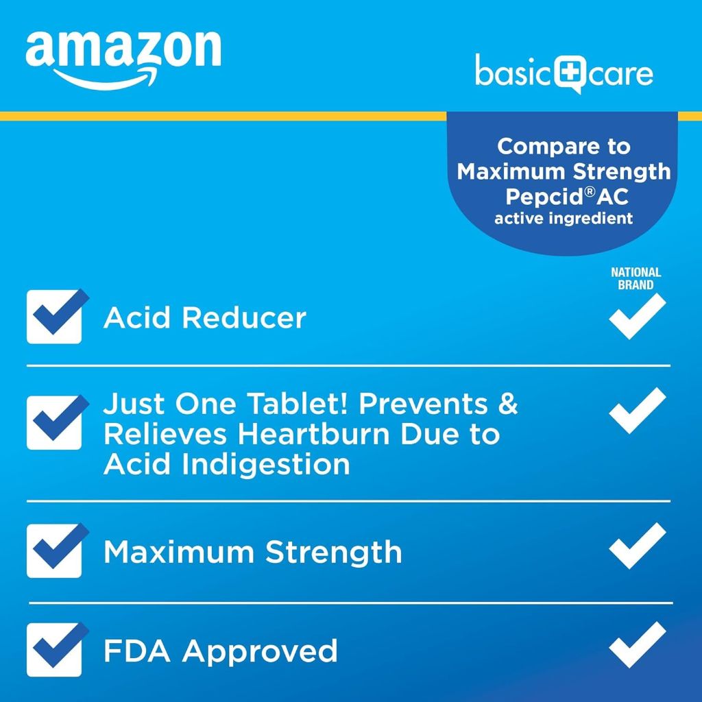 Amazon Basic Care Maximum Strength Famotidine Tablets 20 mg,  12 Hour Protection, 200 Count