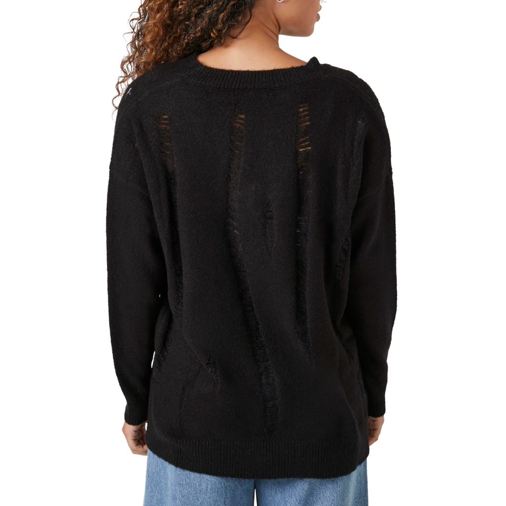 Forever 21 Women's Open-Knit V-Neck Sweater, Black, X-Small