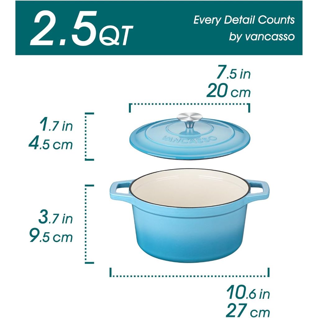 Vancasso Enameled Round Cast Iron Dutch Oven Pot w/ Lid, Non Stick 3.8 Qt, Blue