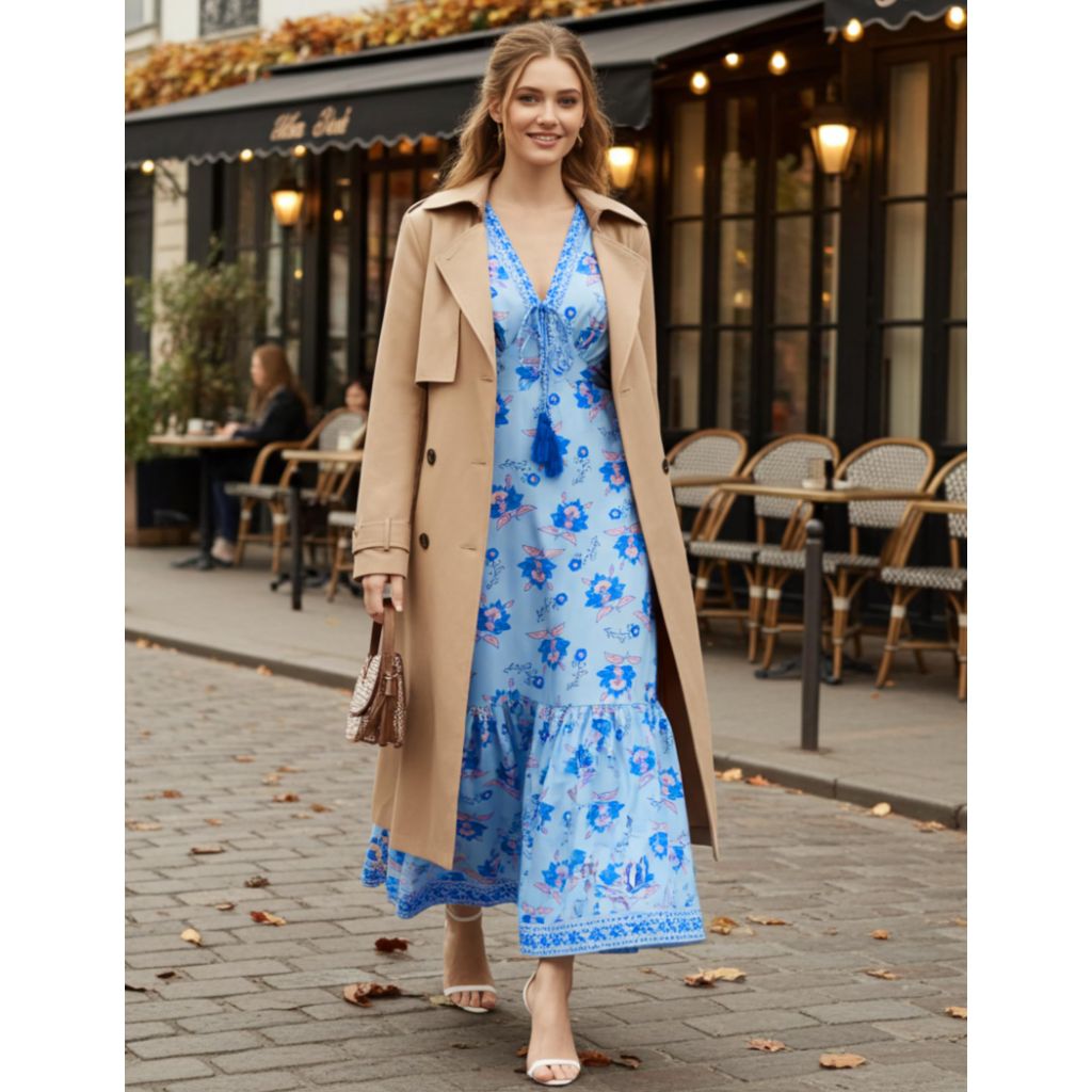 Sunny Spirit Women Midi Casual Boho Dress, Blue Floral, XL