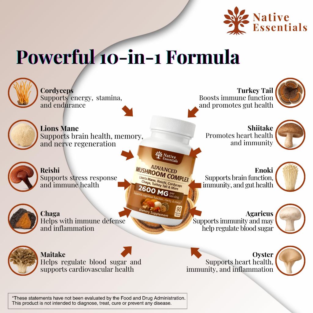 Native Essentials 10-in-1 Mushroom Complex with Lions Mane, Reishi, Cordyceps - 2600mg  90 Capsules