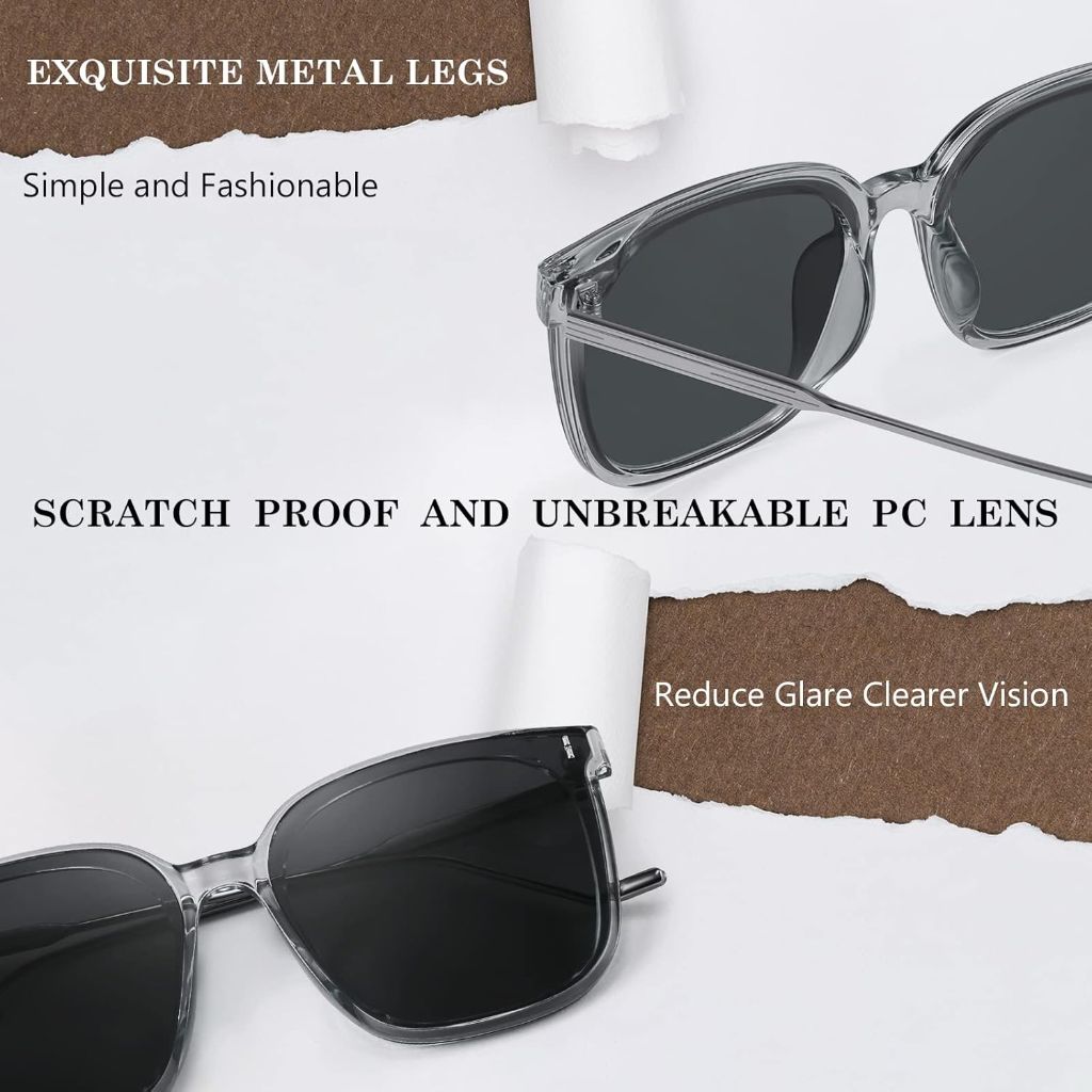 Adult's Classic Oversized Square Sunglasses - Transparent/Metal Frame, Gray Lens (B2886)