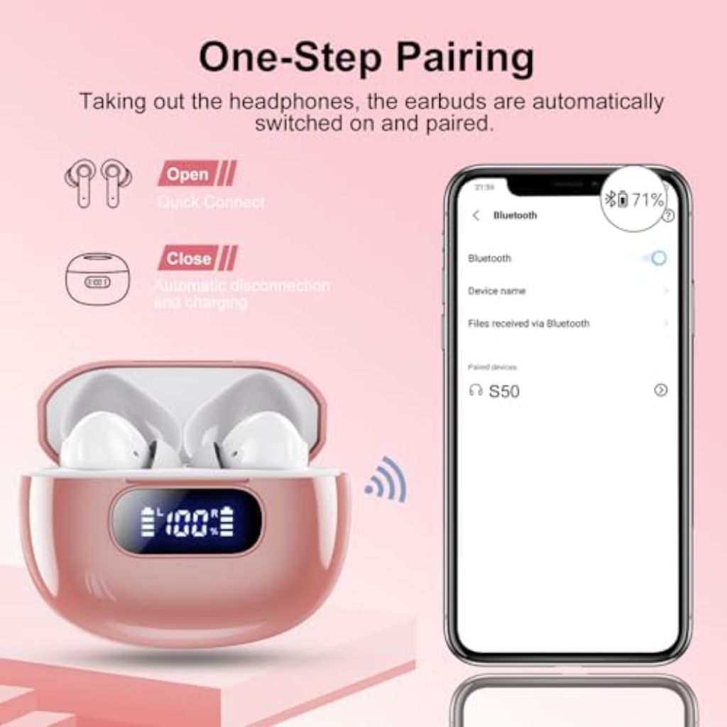 Bluetooth 5.3 Wireless Earbuds Headphones with LED Power Display, 4 ENC Noise Cancelling Mic for iOS Android - Pink