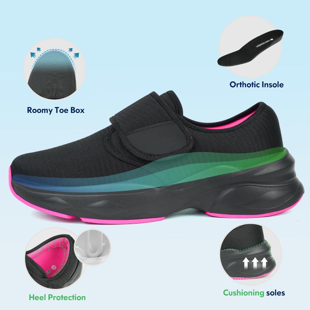 SZ 8, ORTOREX Women Orthopedic Diabetic Walking Sneakers Swollen Feet Shoes (Black/Berry)