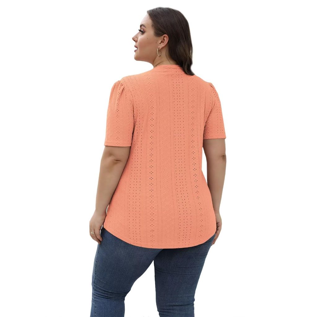 Dolnine Women's Plus Size Fashion Eyelet Crewneck Blouse - Powder Pink, 5XL