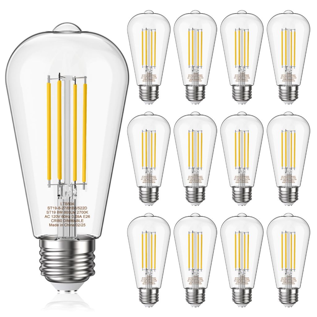 Novapollo Edison Light Bulbs 8W, 80W Equivalent Dimmable Vintage LED Light Bulbs, 800LM E26 Medium Base Soft White 2700K LED Bulb, ST19 90+ CRI LED Bulb, Clear Glass,12 Pack