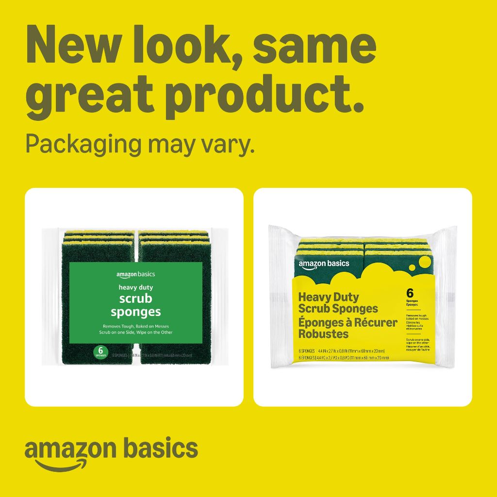 Amazon Basics Heavy Duty Dual-Sided Scrub Sponges - 4.4" x 2.7", Yellow/Green (6ct)
