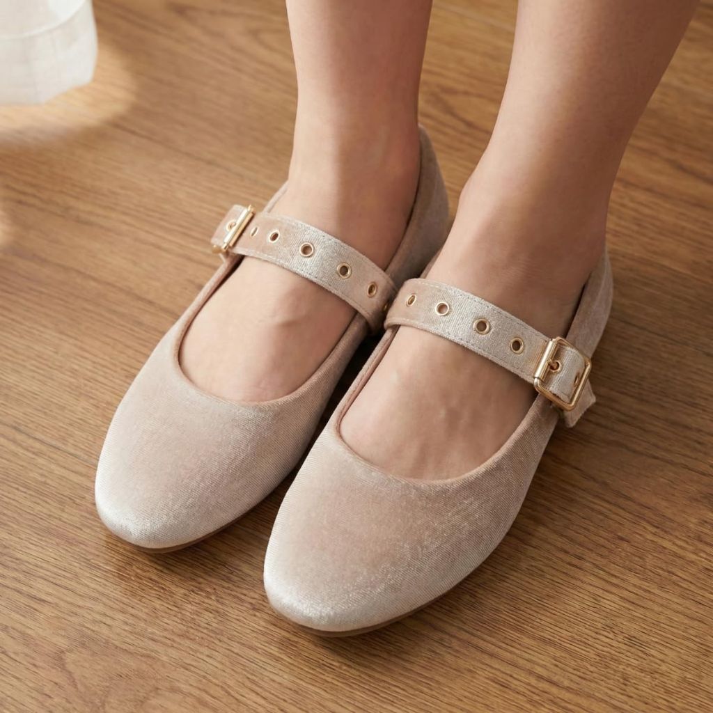 Hingswink Apricot Mary Jane Shoes Women Ballet Flats with Strap Buckle Closed Toe MaryJanes Shoes Ballerina Flats for Women Dressy Comfortable, VelvetApricot6