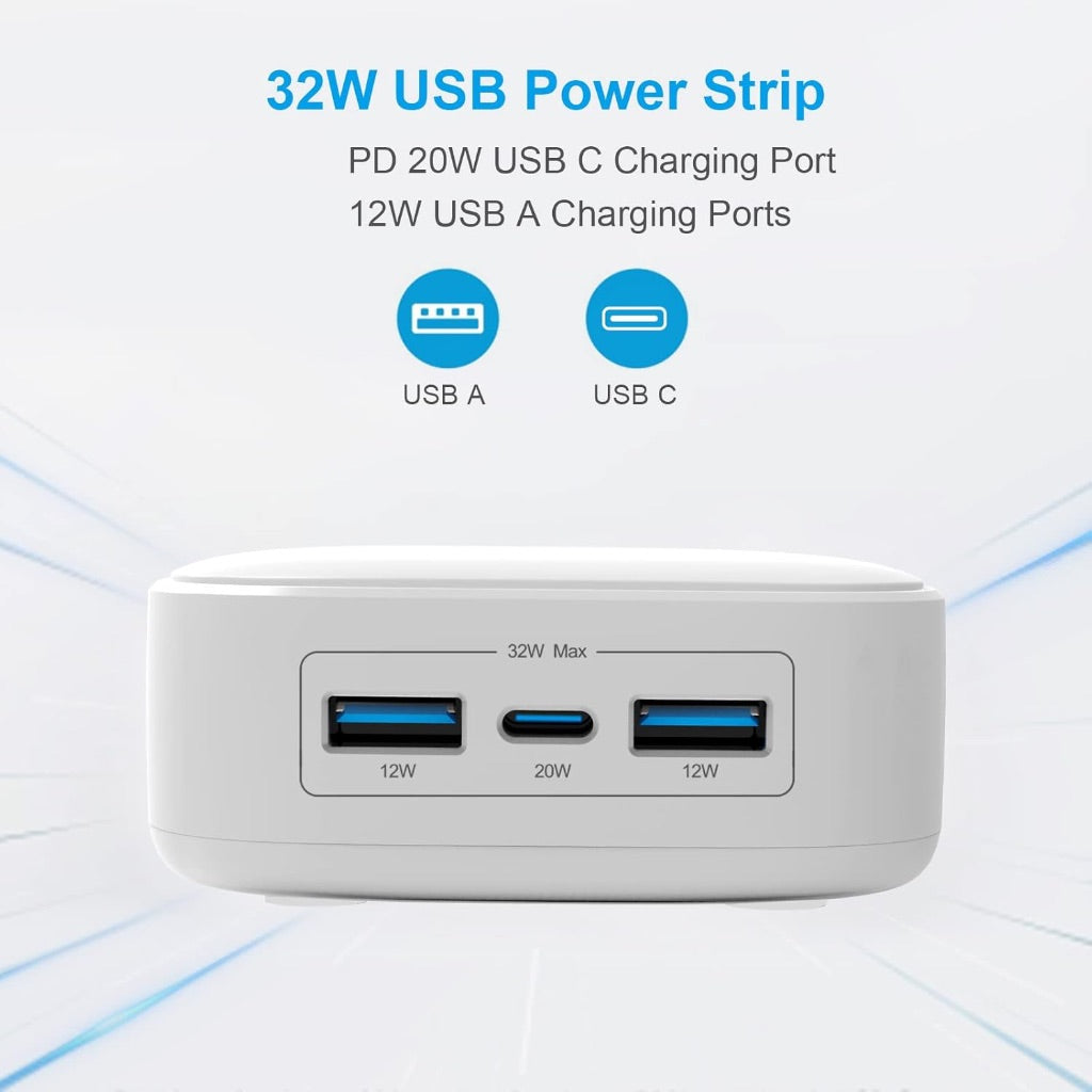 PowerLot Travel Power Strip with USB-A, USB-C Port, Flat Plug - 6ft Cord