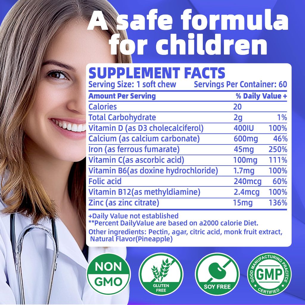 Iron Soft Chews Supplement with Vitamin C | Blueberry Flavored | 60 Count