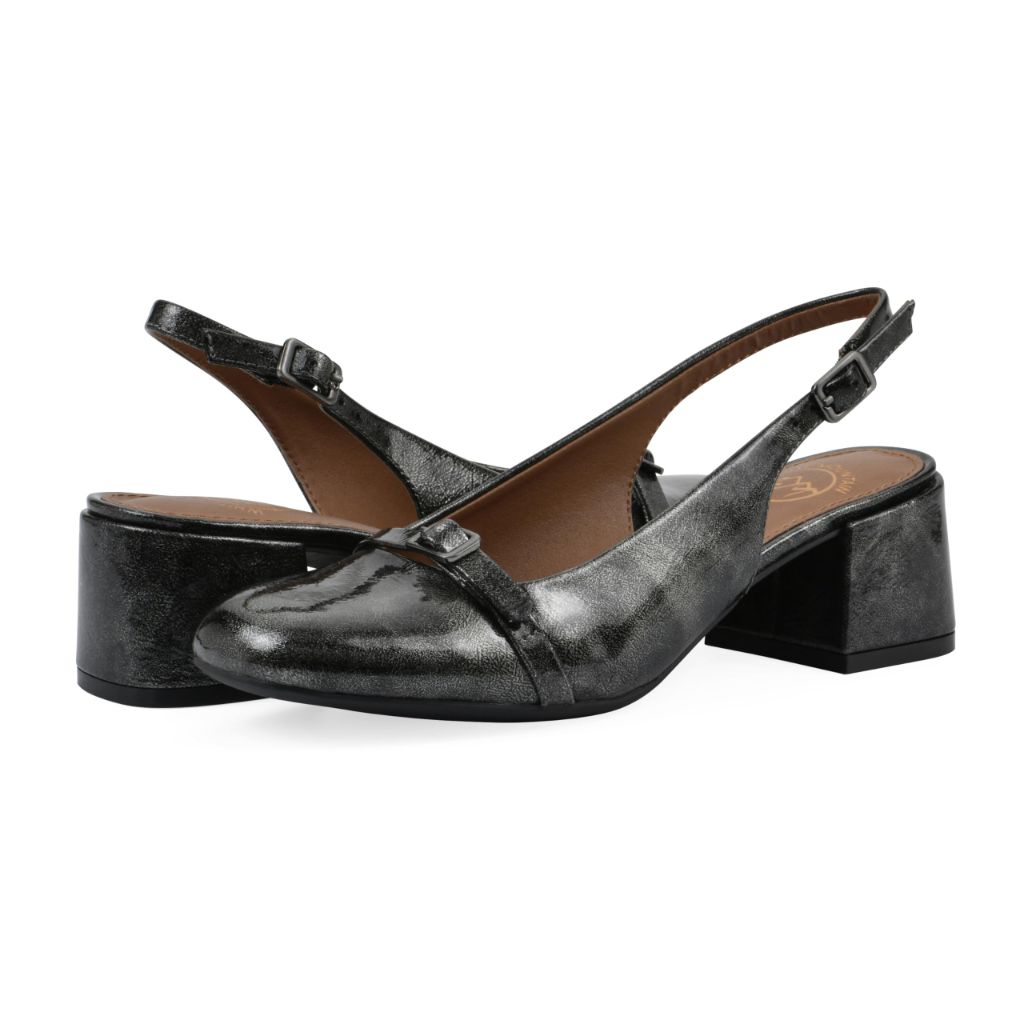 WHITE MOUNTAIN Women's Later Cap Toe Slingback Block Heel, Pewter/Patent, 9 M