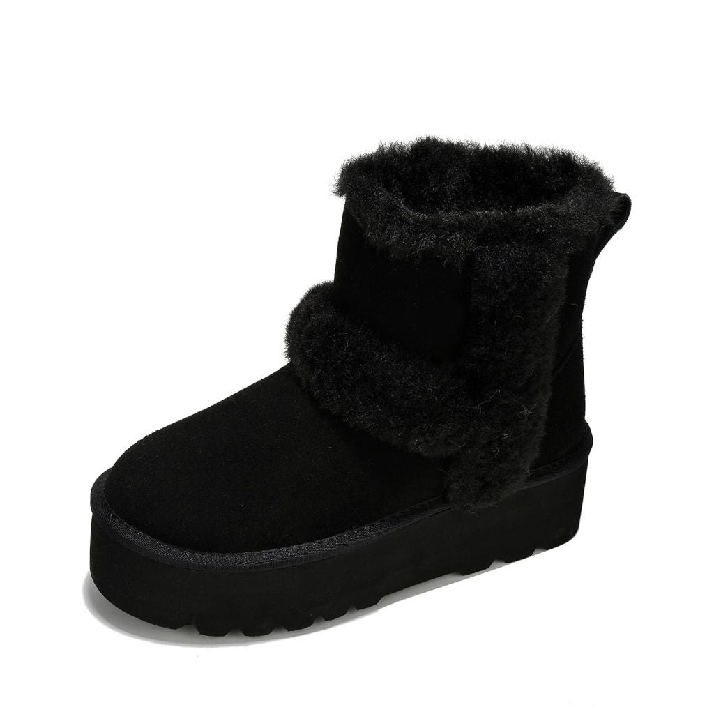 Project Cloud Genuine Suede Winter Boots for Women (Furby, Black, 8)
