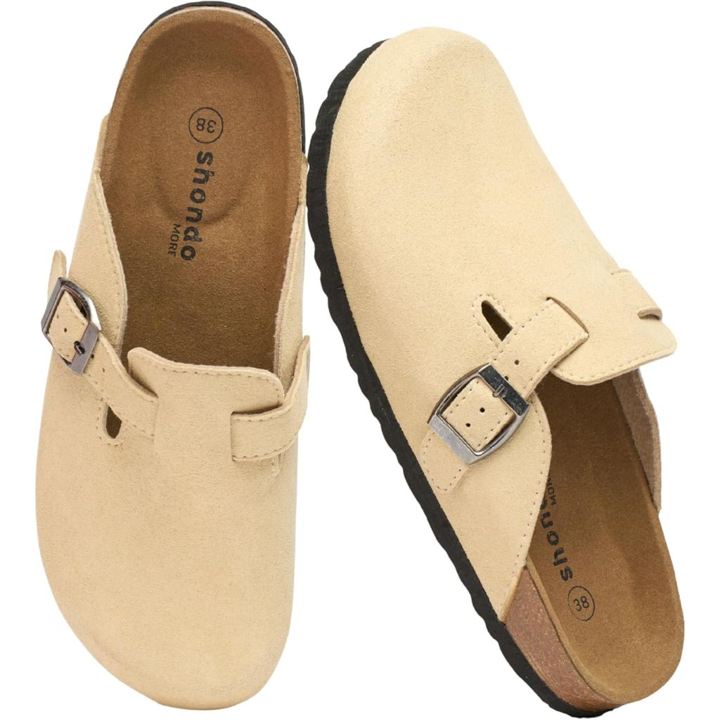 Shondo Premium Suede Clogs for Women & Men – Adjustable Buckle, Lightweight & Anti-Slip Mules & Clogs with Arch Support - Size 9-9.5 (Tan)