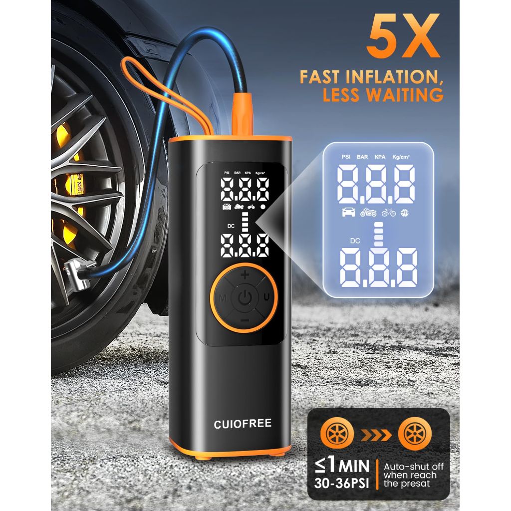 CUIOFREE Portable Tire Inflator for Car, Cordless Tire Inflator Portable Air Compressor with Digital Pressure Gauge,150PSI Dual Power, Portable Air Pump for Car Tires, Motorcycle, Bicycle, Bike, Ball