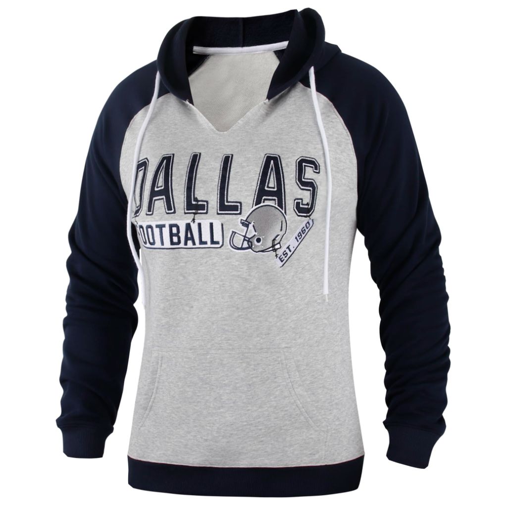 Womens Football City Fans V Neck Raglan Embroidery Athletic Hoodies Pullovers Fleece Sweatshirts - Navy & Grey - 3X-Large