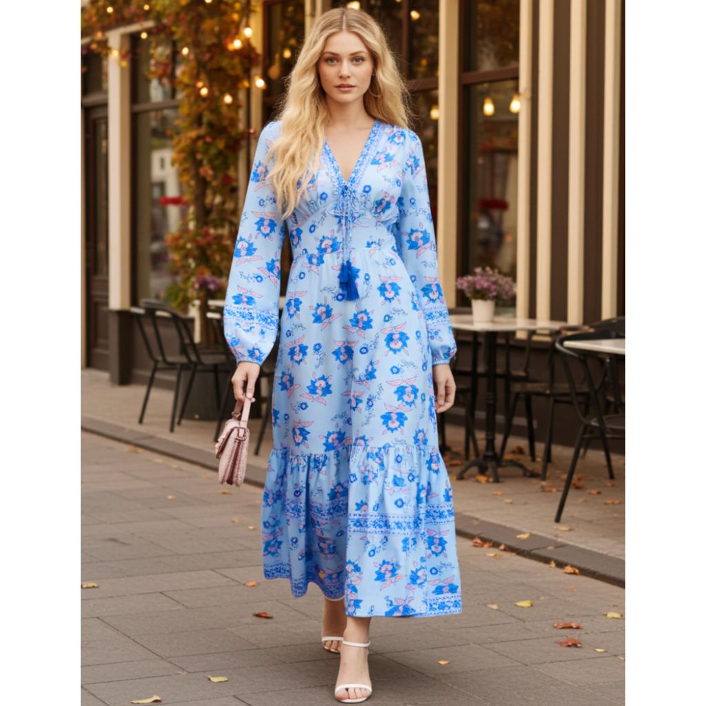 Sunny Spirit Women Midi Casual Boho Dress, Blue Floral, Large