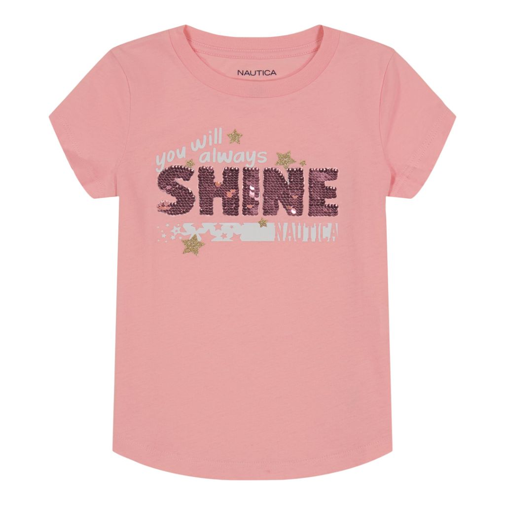 Nautica Girls' Short Sleeve T-Shirt with Flip Sequin Design, Cotton Tee with Tagless Interior, Pink Dolphin Sequin Shine, 4T