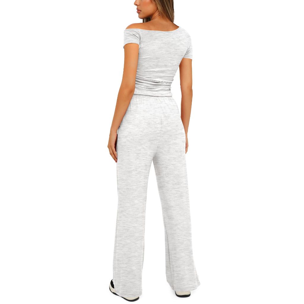 Darong Two Piece Sets for Women, Off The Shoulder Neck Top, Wide Leg Pants, White/Grey, M
