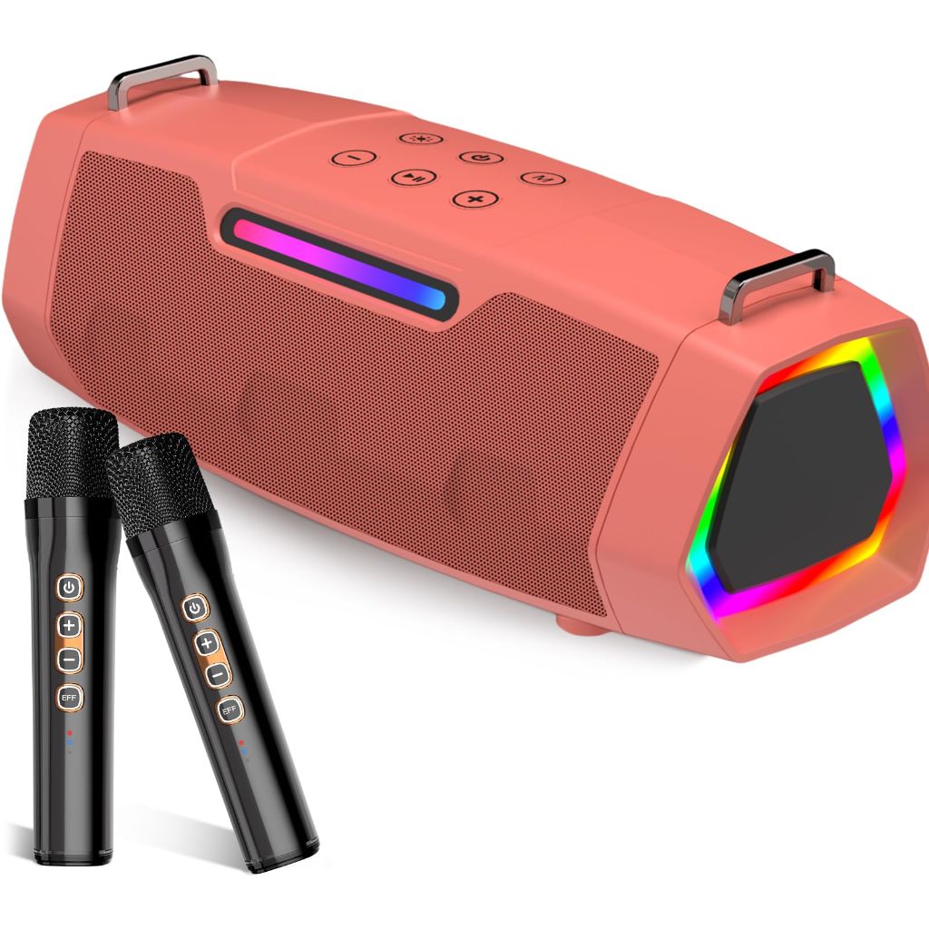 Portable Karaoke Machine for Karaoke Fan - 60W Powerful Bluetooth Speaker with Two Wireless Microphones for Outdoor & Family Festival Party, Ideal for Adults, Kids, Teenager - Orange Red